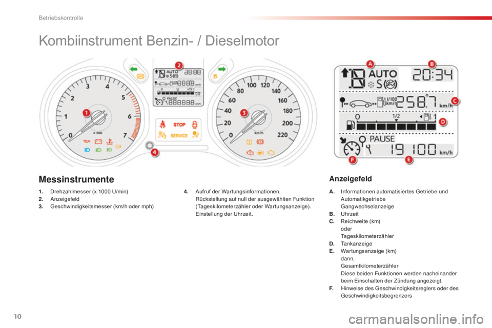 CITROEN C-ELYSÉE 2016  Betriebsanleitungen (in German) 10
Kombiinstrument Benzin- / Dieselmotor
1. Drehzahlmesser (x 1000  U/min)
2. an zeigefeld
3.
 G

eschwindigkeitsmesser (km/h oder mph) A. I
nformationen automatisier tes Getriebe und 
Automatikgetrie