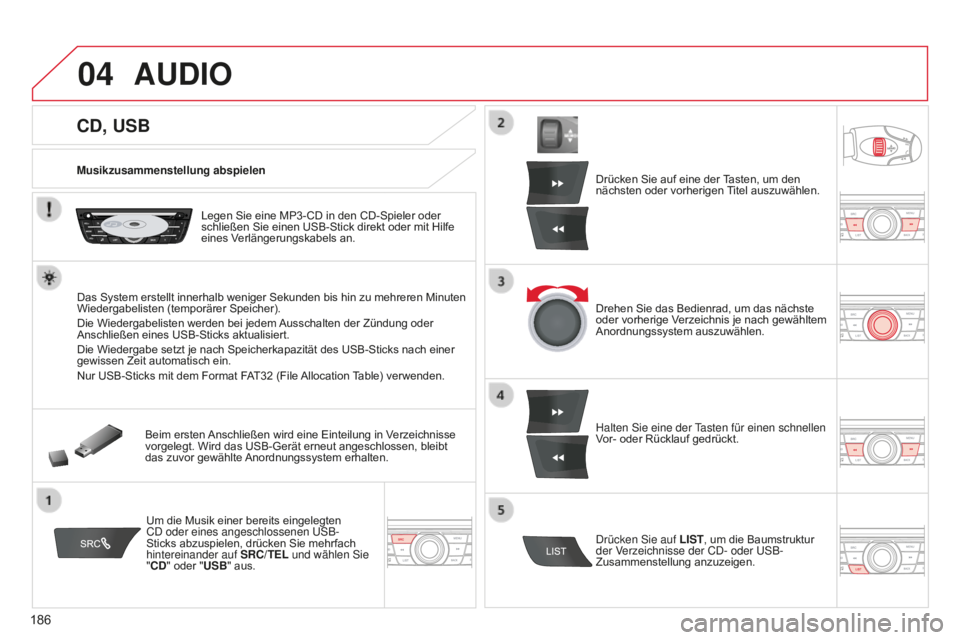 CITROEN C-ELYSÉE 2016 Betriebsanleitungen (in German) 04
186
CD, USB
AUDIO
Musikzusammenstellung abspielenLegen Sie eine MP3-CD in den CD-Spieler oder
schließen Sie einen USB-Stick direkt oder mit Hilfe
eines Verlängerungskabels an.
Das System erstel CITROEN C-ELYSÉE 2016 Betriebsanleitungen (in German) 04
186
CD, USB
AUDIO
Musikzusammenstellung abspielenLegen Sie eine MP3-CD in den CD-Spieler oder
schließen Sie einen USB-Stick direkt oder mit Hilfe
eines Verlängerungskabels an.
Das System erstel