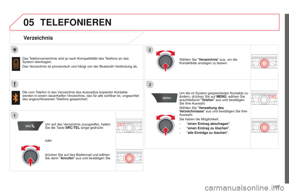 CITROEN C-ELYSÉE 2016 Betriebsanleitungen (in German)
05
199
TELEFONIEREN
Verzeichnis
Das Telefonverzeichnis wird je nach Kompatibilität des Telefons an das
System übertragen.
Das Verzeichnis ist provisorisch und hängt von der Bluetooth-Ver CITROEN C-ELYSÉE 2016 Betriebsanleitungen (in German)
05
199
TELEFONIEREN
Verzeichnis
Das Telefonverzeichnis wird je nach Kompatibilität des Telefons an das
System übertragen.
Das Verzeichnis ist provisorisch und hängt von der Bluetooth-Ver