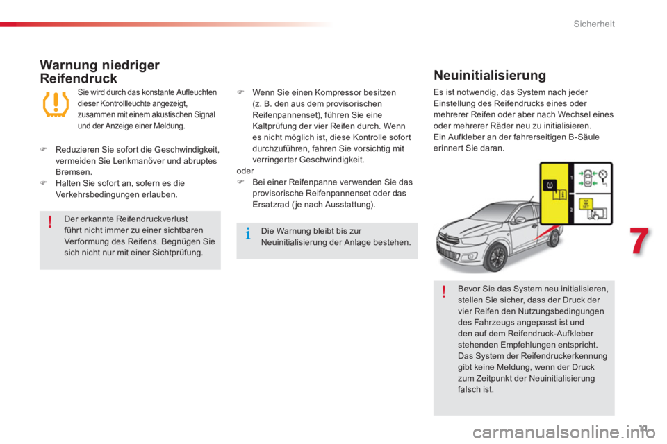CITROEN C-ELYSÉE 2016 Betriebsanleitungen (in German) 11
7
Sicherheit
Bevor Sie das System neu initialisieren,
stellen Sie sicher, dass der Druck der
vier Reifen den Nutzungsbedingungen
des Fahrzeugs angepasst ist und
den auf dem Reifendruck-Aufk CITROEN C-ELYSÉE 2016 Betriebsanleitungen (in German) 11
7
Sicherheit
Bevor Sie das System neu initialisieren,
stellen Sie sicher, dass der Druck der
vier Reifen den Nutzungsbedingungen
des Fahrzeugs angepasst ist und
den auf dem Reifendruck-Aufk