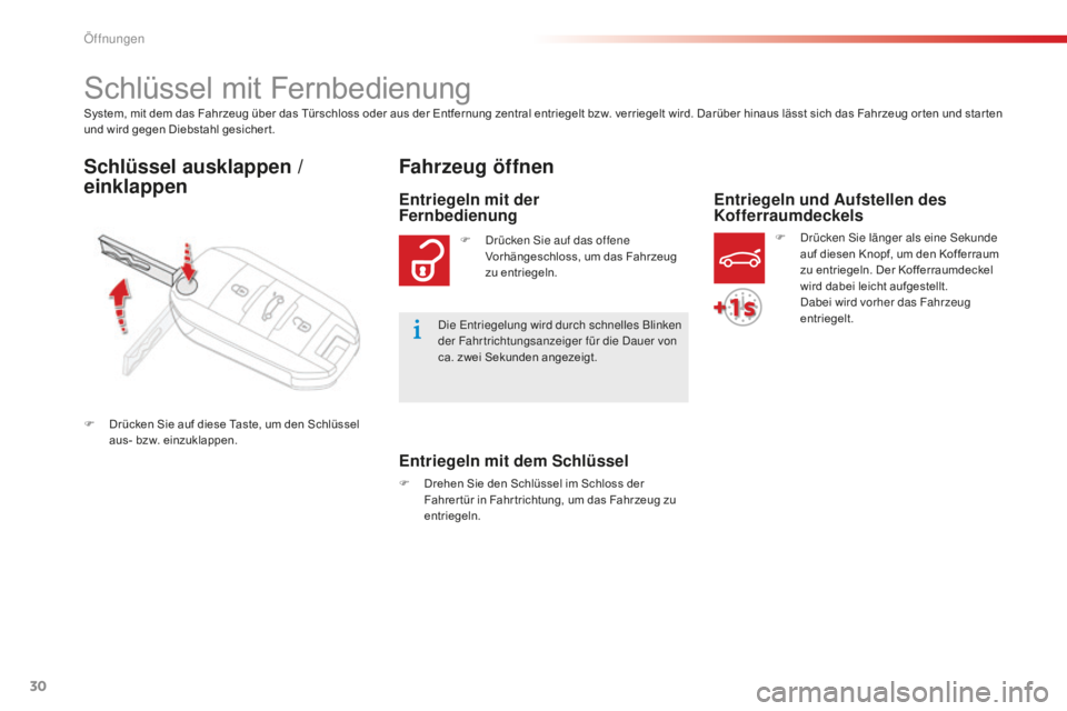 CITROEN C-ELYSÉE 2016 Betriebsanleitungen (in German) 30
C-Elysee_de_Chap02_ouvertures_ed01-2014
System, mit dem das Fahrzeug über das Türschloss oder aus der Entfernung zentral entriegelt bzw. verriegelt wird. Darüber hinaus lässt sich das Fahrzeug CITROEN C-ELYSÉE 2016 Betriebsanleitungen (in German) 30
C-Elysee_de_Chap02_ouvertures_ed01-2014
System, mit dem das Fahrzeug über das Türschloss oder aus der Entfernung zentral entriegelt bzw. verriegelt wird. Darüber hinaus lässt sich das Fahrzeug