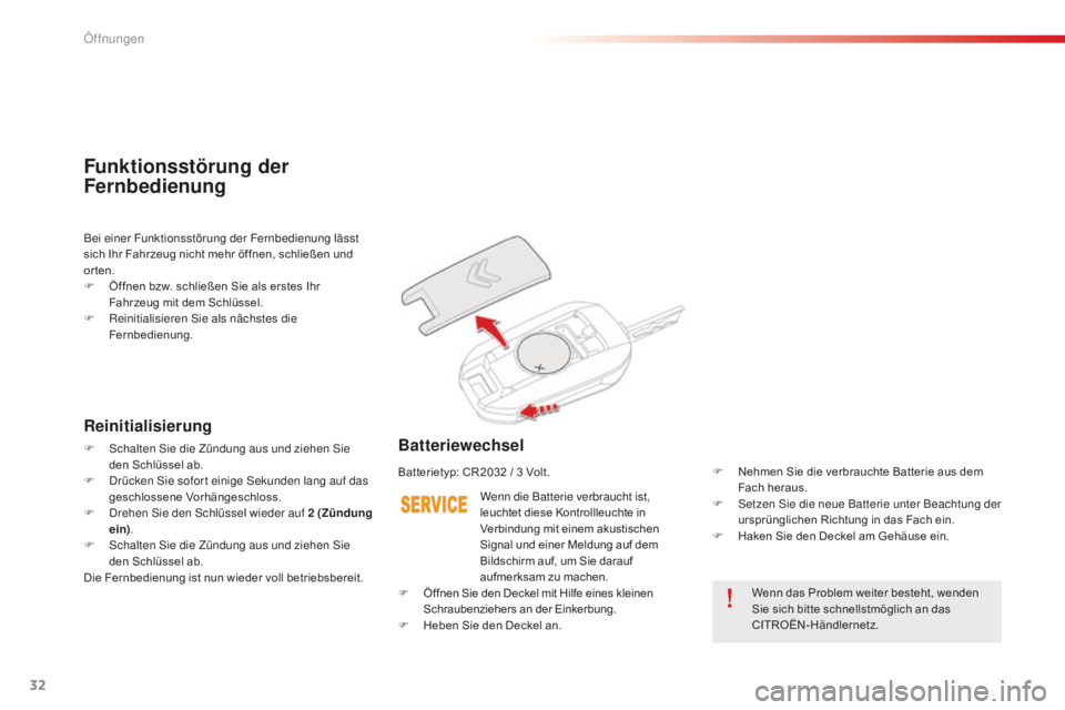 CITROEN C-ELYSÉE 2016 Betriebsanleitungen (in German) 32
C-Elysee_de_Chap02_ouvertures_ed01-2014
Wenn das Problem weiter besteht, wenden
Sie sich bitte schnellstmöglich an das
CITROËN-Händlernetz.
Wenn die Batterie verbraucht ist,
leuchtet diese Ko CITROEN C-ELYSÉE 2016 Betriebsanleitungen (in German) 32
C-Elysee_de_Chap02_ouvertures_ed01-2014
Wenn das Problem weiter besteht, wenden
Sie sich bitte schnellstmöglich an das
CITROËN-Händlernetz.
Wenn die Batterie verbraucht ist,
leuchtet diese Ko