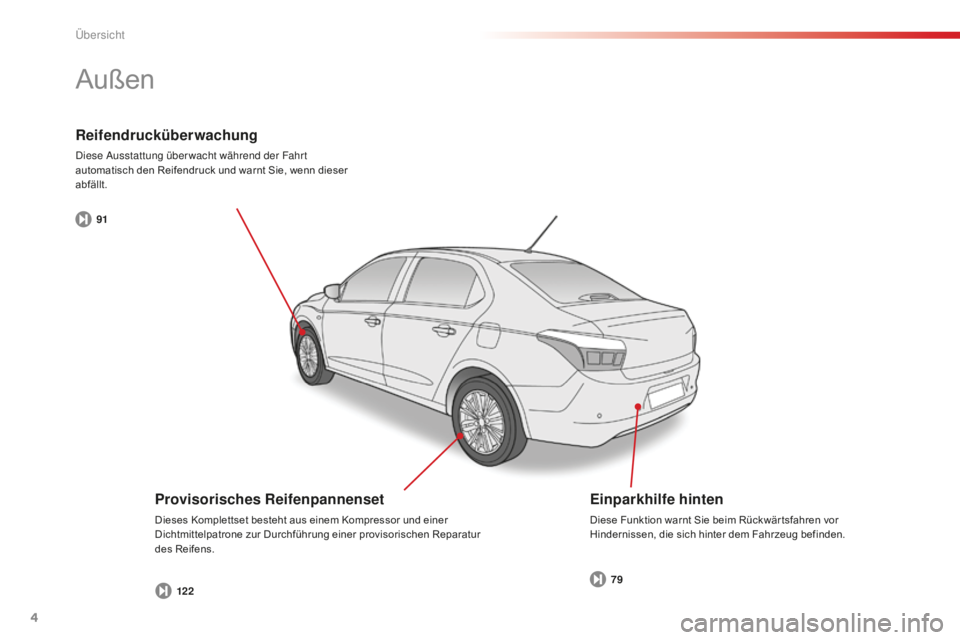 CITROEN C-ELYSÉE 2016  Betriebsanleitungen (in German) 4
C-Elysee_de_Chap00b_vue-ensemble_ed01-2014
91122 79
Reifendrucküberwachung
diese 
ausstattung über wacht während der Fahr t 
automatisch den Reifendruck und warnt Sie, wenn dieser 
abfällt.
Auß