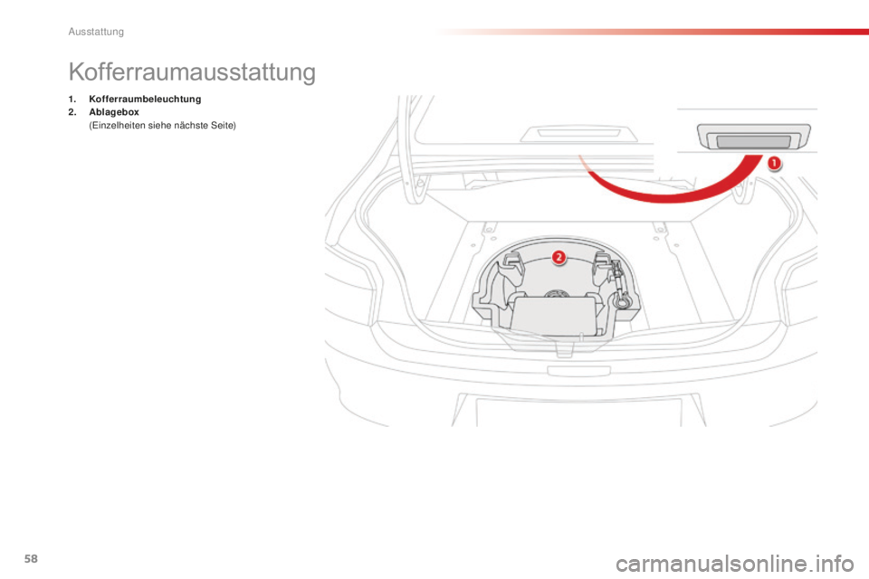CITROEN C-ELYSÉE 2016 Betriebsanleitungen (in German) 58
Kofferraumausstattung
1. Kofferraumbeleuchtung
2. A blagebox
(ei
nzelheiten siehe nächste s
e
ite)
Ausstattung CITROEN C-ELYSÉE 2016 Betriebsanleitungen (in German) 58
Kofferraumausstattung
1. Kofferraumbeleuchtung
2. A blagebox
(ei
nzelheiten siehe nächste s
e
ite)
Ausstattung