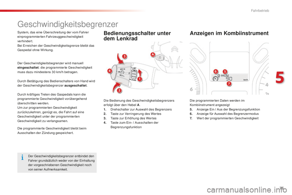 CITROEN C-ELYSÉE 2016 Betriebsanleitungen (in German) 75
geschwindigkeitsbegrenzer
System, das eine Überschreitung der vom Fahrer
einprogrammierten Fahrzeuggeschwindigkeit
verhindert.
Bei e
r
reichen der g
e
schwindigkeitsgrenze bleibt das
Gaspeda CITROEN C-ELYSÉE 2016 Betriebsanleitungen (in German) 75
geschwindigkeitsbegrenzer
System, das eine Überschreitung der vom Fahrer
einprogrammierten Fahrzeuggeschwindigkeit
verhindert.
Bei e
r
reichen der g
e
schwindigkeitsgrenze bleibt das
Gaspeda