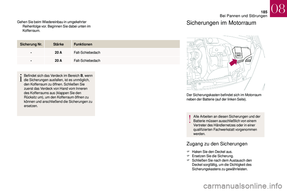 CITROEN DS3 2018 Betriebsanleitungen (in German) 185
Gehen Sie beim Wiedereinbau in umgekehrter Reihenfolge vor. Beginnen Sie dabei unten im
Kofferraum.
Sicherung Nr. StärkeFunktionen
- 20
AFalt-Schiebedach
- 20
AFalt-Schiebedach
Befindet si CITROEN DS3 2018 Betriebsanleitungen (in German) 185
Gehen Sie beim Wiedereinbau in umgekehrter Reihenfolge vor. Beginnen Sie dabei unten im
Kofferraum.
Sicherung Nr. StärkeFunktionen
- 20
AFalt-Schiebedach
- 20
AFalt-Schiebedach
Befindet si