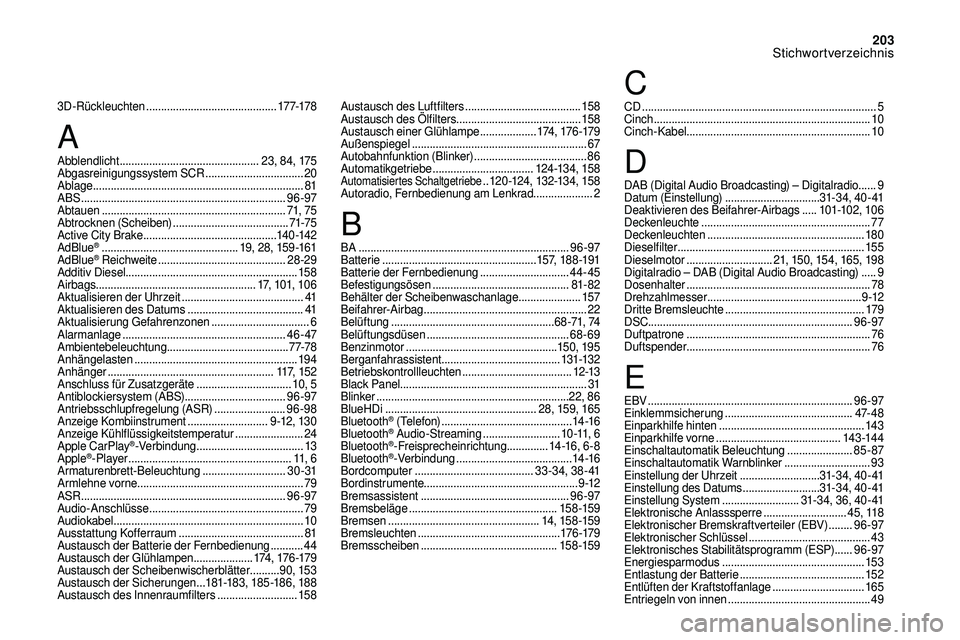 CITROEN DS3 2018  Betriebsanleitungen (in German) 203
3D-Rückleuchten ............................................ 17 7-178
BA
 
 .......................................................................96 -97
Batterie
 

.............................