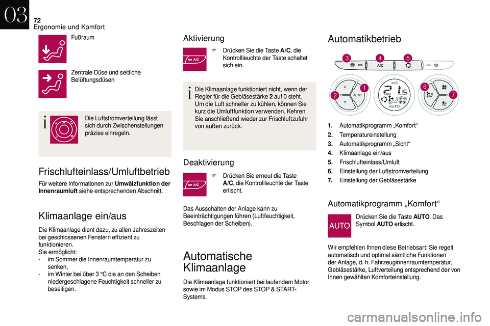 CITROEN DS3 2018 Betriebsanleitungen (in German) 72
Fußraum
Zentrale Düse und seitliche
BelüftungsdüsenDie Luftstromverteilung lässt
sich durch Zwischenstellungen
präzise einregeln.
Frischlufteinlass/Umluftbetrieb
Für weitere Informationen CITROEN DS3 2018 Betriebsanleitungen (in German) 72
Fußraum
Zentrale Düse und seitliche
BelüftungsdüsenDie Luftstromverteilung lässt
sich durch Zwischenstellungen
präzise einregeln.
Frischlufteinlass/Umluftbetrieb
Für weitere Informationen