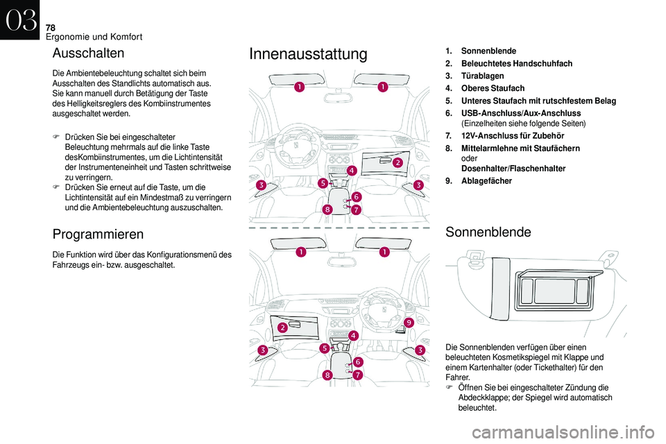 CITROEN DS3 2018 Betriebsanleitungen (in German) 78
Ausschalten
Die Ambientebeleuchtung schaltet sich beim
Ausschalten des Standlichts automatisch aus.
Sie kann manuell durch Betätigung der Taste
des Helligkeitsreglers des Kombiinstrumentes
ausg CITROEN DS3 2018 Betriebsanleitungen (in German) 78
Ausschalten
Die Ambientebeleuchtung schaltet sich beim
Ausschalten des Standlichts automatisch aus.
Sie kann manuell durch Betätigung der Taste
des Helligkeitsreglers des Kombiinstrumentes
ausg
