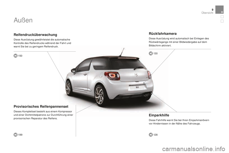CITROEN DS3 2017  Betriebsanleitungen (in German) 9
DS3_de_Chap00b_vue-ensemble_ed02-2015
Reifendrucküberwachung
Diese Ausrüstung gewährleistet die automatische 
Kontrolle des Reifendrucks während der Fahr t und 
warnt Sie bei zu geringem Reifend