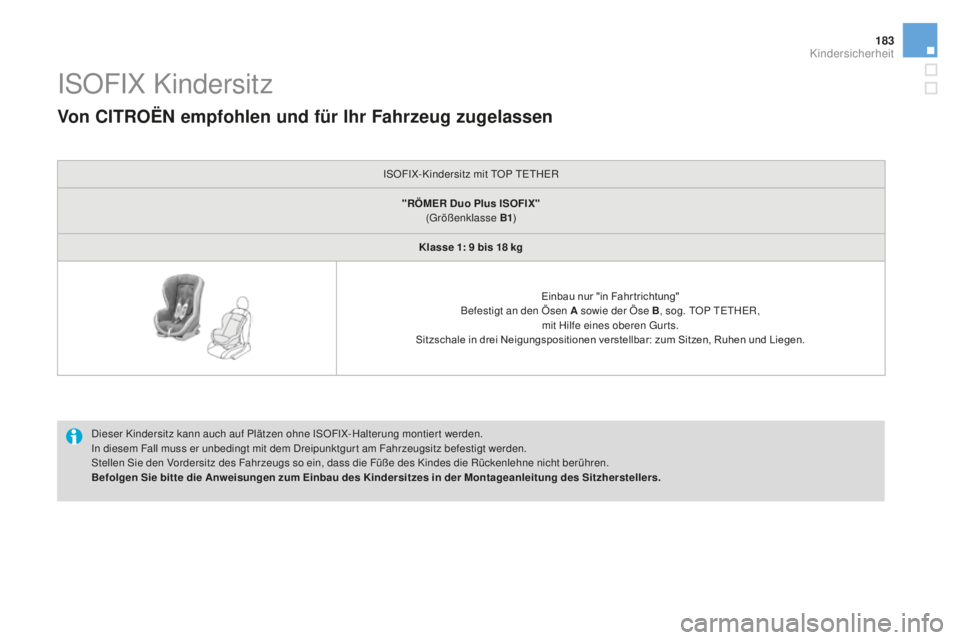 CITROEN DS3 2017 Betriebsanleitungen (in German) 183
DS3_de_Chap07_securite-enfants_ed02-2015
ISOFIX Kindersitz
Dieser Kindersitz kann auch auf Plätzen ohne ISOFIX-Halterung montier t werden.
In diesem Fall muss er unbedingt mit dem Dreipunktgur t CITROEN DS3 2017 Betriebsanleitungen (in German) 183
DS3_de_Chap07_securite-enfants_ed02-2015
ISOFIX Kindersitz
Dieser Kindersitz kann auch auf Plätzen ohne ISOFIX-Halterung montier t werden.
In diesem Fall muss er unbedingt mit dem Dreipunktgur t