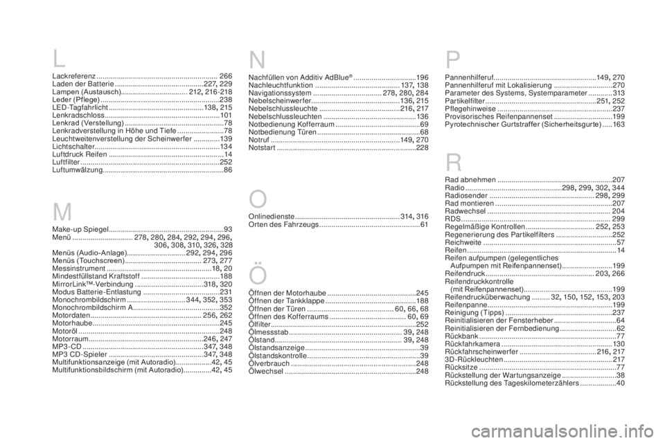 CITROEN DS3 2017 Betriebsanleitungen (in German) DS3_de_Chap12_index-recherche_ed02-2015
O
Ö
Make-up Spiegel .........................................................93
Me nü .............................. 2
78, 280 , 284 , 292, 294 , 296,
306 , CITROEN DS3 2017 Betriebsanleitungen (in German) DS3_de_Chap12_index-recherche_ed02-2015
O
Ö
Make-up Spiegel .........................................................93
Me nü .............................. 2
78, 280 , 284 , 292, 294 , 296,
306 ,