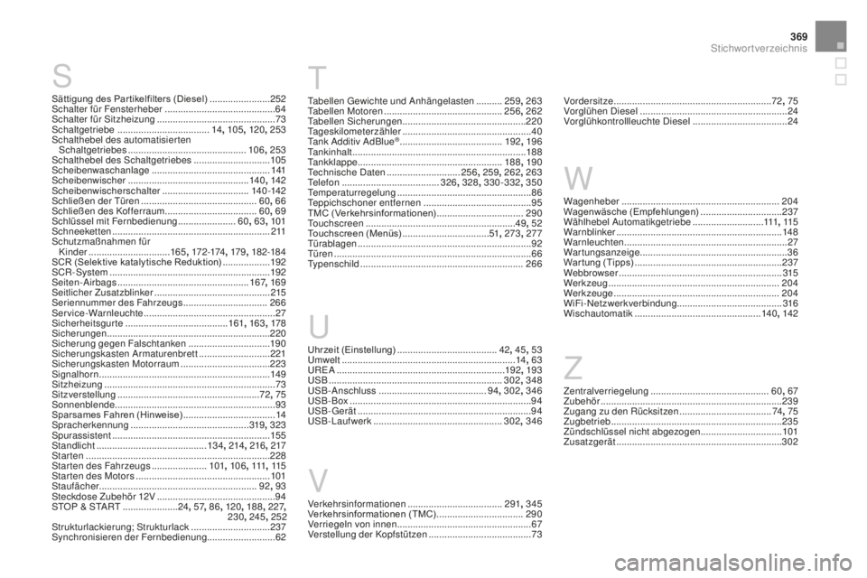CITROEN DS3 2017 Betriebsanleitungen (in German) 369
DS3_de_Chap12_index-recherche_ed02-2015
Sättigung des Par tikelfilters (Diesel) .......................252
S chalter für Fensterheber .......................................... 64
Sc
halter für CITROEN DS3 2017 Betriebsanleitungen (in German) 369
DS3_de_Chap12_index-recherche_ed02-2015
Sättigung des Par tikelfilters (Diesel) .......................252
S chalter für Fensterheber .......................................... 64
Sc
halter für