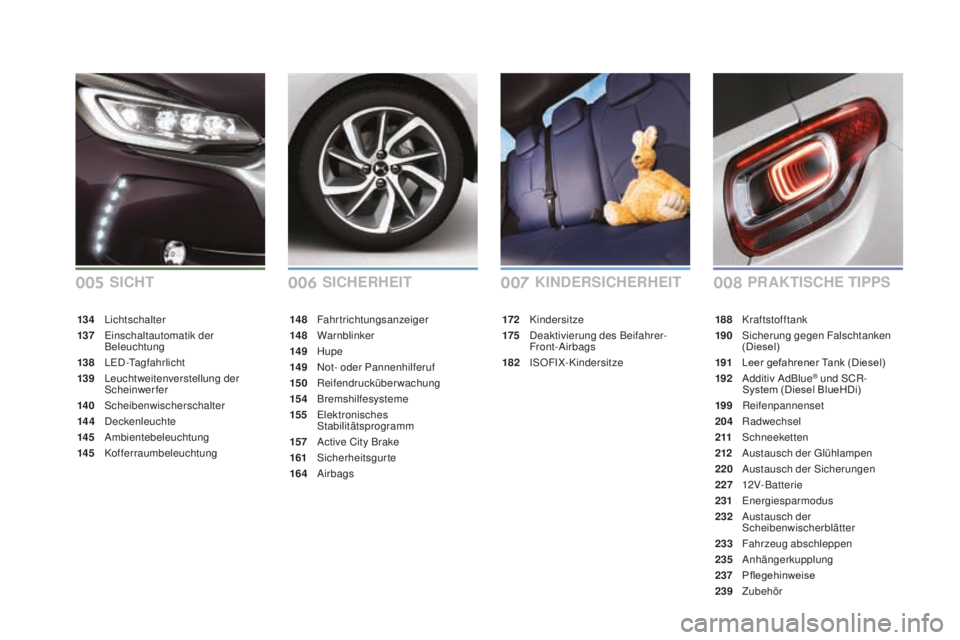CITROEN DS3 2017 Betriebsanleitungen (in German) DS3_de_Chap00a_sommaire_ed02-2015
SICHERHEITPRaKT ISCHE TIPPS
KINDERSICHERHEIT
172 Kindersitze
175 De
aktivierung des Beifahrer-
Front-Airbags
182
I
SOFIX-Kindersitze
14 8 F
ahrtrichtungsanzeiger
14 CITROEN DS3 2017 Betriebsanleitungen (in German) DS3_de_Chap00a_sommaire_ed02-2015
SICHERHEITPRaKT ISCHE TIPPS
KINDERSICHERHEIT
172 Kindersitze
175 De
aktivierung des Beifahrer-
Front-Airbags
182
I
SOFIX-Kindersitze
14 8 F
ahrtrichtungsanzeiger
14