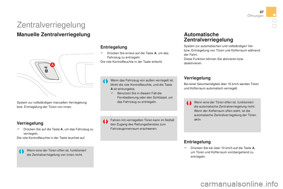 CITROEN DS3 2017 Betriebsanleitungen (in German) 67
DS3_de_Chap02_ouvertures_ed02-2015
System zur vollständigen manuellen Verriegelung
bzw. Entriegelung der Türen von innen.
Zentralverriegelung
manuelle Zentralverriegelung
Entriegelung
F Drücken CITROEN DS3 2017 Betriebsanleitungen (in German) 67
DS3_de_Chap02_ouvertures_ed02-2015
System zur vollständigen manuellen Verriegelung
bzw. Entriegelung der Türen von innen.
Zentralverriegelung
manuelle Zentralverriegelung
Entriegelung
F Drücken