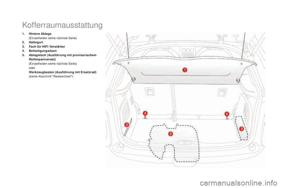 CITROEN DS3 2017 Betriebsanleitungen (in German) DS3_de_Chap03_confort_ed02-2015
1. Hintere ablage (E
inzelheiten siehe nächste Seite)
2.
Hal
tegurt
3.
Fa
ch für HiFi-Verstärker
4.
Bef
estigungsösen
5.
abla
gefach (
ausf
ührung mit p CITROEN DS3 2017 Betriebsanleitungen (in German) DS3_de_Chap03_confort_ed02-2015
1. Hintere ablage (E
inzelheiten siehe nächste Seite)
2.
Hal
tegurt
3.
Fa
ch für HiFi-Verstärker
4.
Bef
estigungsösen
5.
abla
gefach (
ausf
ührung mit p