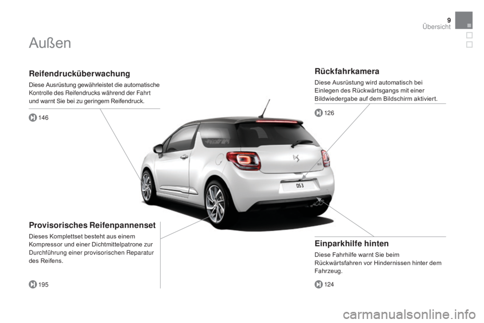 CITROEN DS3 2016 Betriebsanleitungen (in German) 9
DS3_de_Chap00b_vue-ensemble_ed01-2015
Reifendrucküberwachung
Diese Ausrüstung gewährleistet die automatische
Kontrolle des Reifendrucks während der Fahrt
und warnt Sie bei zu geringem Reifendr CITROEN DS3 2016 Betriebsanleitungen (in German) 9
DS3_de_Chap00b_vue-ensemble_ed01-2015
Reifendrucküberwachung
Diese Ausrüstung gewährleistet die automatische
Kontrolle des Reifendrucks während der Fahrt
und warnt Sie bei zu geringem Reifendr