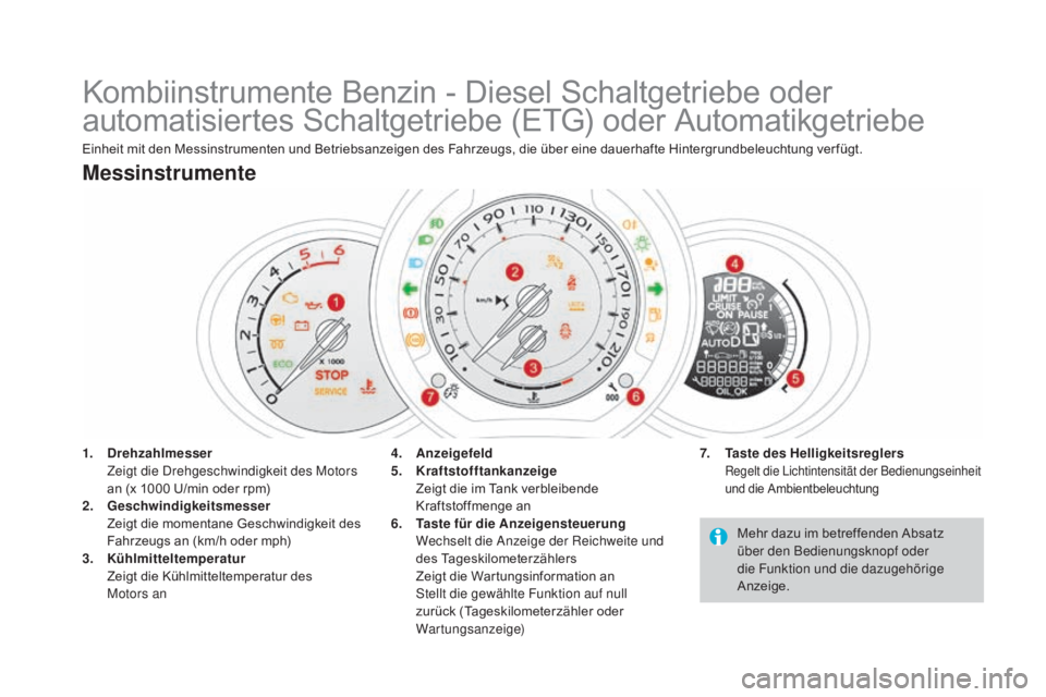 CITROEN DS3 2016 Betriebsanleitungen (in German) DS3_de_Chap01_controle-de-marche_ed01-2015
Kombiinstrumente Benzin - Diesel Schaltgetriebe oder
automatisiertes Schaltgetriebe (ETG) oder Automatikgetriebe
Einheit mit den Messinstrumenten und Betrie CITROEN DS3 2016 Betriebsanleitungen (in German) DS3_de_Chap01_controle-de-marche_ed01-2015
Kombiinstrumente Benzin - Diesel Schaltgetriebe oder
automatisiertes Schaltgetriebe (ETG) oder Automatikgetriebe
Einheit mit den Messinstrumenten und Betrie
