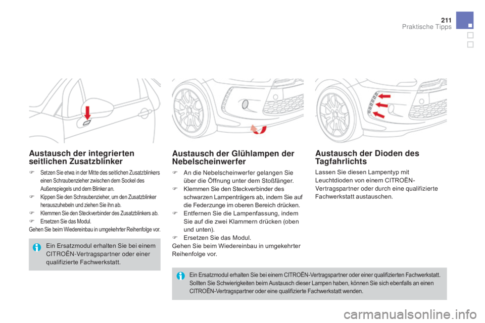 CITROEN DS3 2016 Betriebsanleitungen (in German) 2 11
DS3_de_Chap08_info-pratiques_ed01-2015
Ein Ersatzmodul erhalten Sie bei einem CITROËN-Vertragspartner oder einer qualifizierten Fachwerkstatt.Sollten Sie Schwierigkeiten beim Austausch dieser La CITROEN DS3 2016 Betriebsanleitungen (in German) 2 11
DS3_de_Chap08_info-pratiques_ed01-2015
Ein Ersatzmodul erhalten Sie bei einem CITROËN-Vertragspartner oder einer qualifizierten Fachwerkstatt.Sollten Sie Schwierigkeiten beim Austausch dieser La