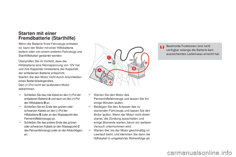CITROEN DS3 2016 Betriebsanleitungen (in German) DS3_de_Chap08_info-pratiques_ed01-2015
Wenn die Batterie Ihres Fahrzeugs entladen
ist, kann der Motor mit einer Hilfsbatterie
(extern oder von einem anderen Fahrzeug) und
Starthilfekabel gestartet CITROEN DS3 2016 Betriebsanleitungen (in German) DS3_de_Chap08_info-pratiques_ed01-2015
Wenn die Batterie Ihres Fahrzeugs entladen
ist, kann der Motor mit einer Hilfsbatterie
(extern oder von einem anderen Fahrzeug) und
Starthilfekabel gestartet
