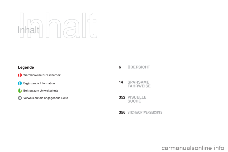 CITROEN DS3 2016  Betriebsanleitungen (in German) DS3_de_Chap00a_sommaire_ed01-2015
Inhalt
ÜBERSICHT
Legende
Warnhinweise zur Sicherheit
Ergänzende Information
Beitrag zum Umweltschutz
Verweis auf die angegebene Seite
VISUELLE  
SUCHE Spa
R
 S
am
 