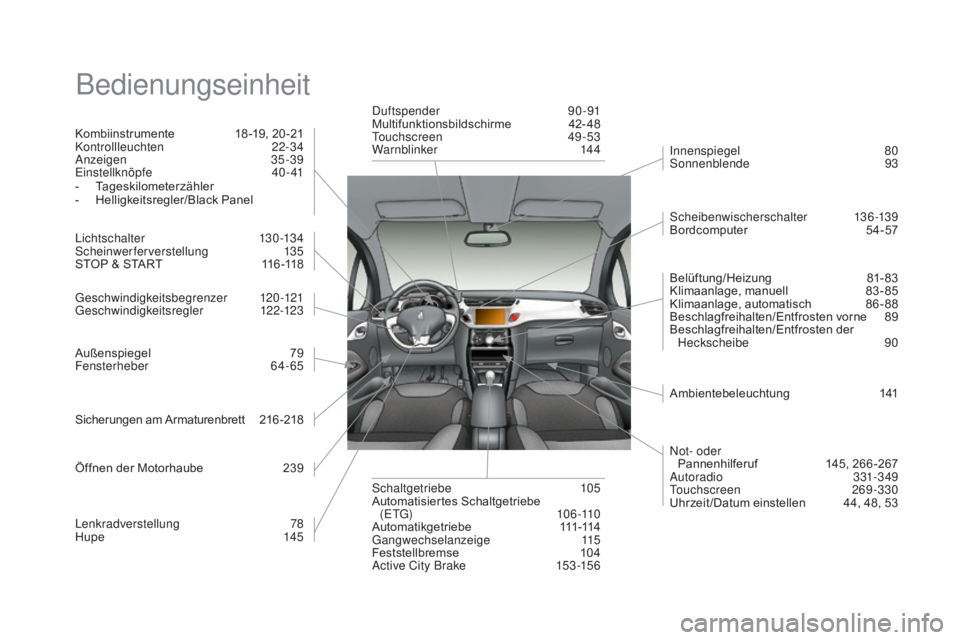 CITROEN DS3 2016 Betriebsanleitungen (in German) DS3_de_Chap12_index-recherche_ed01-2015
Bedienungseinheit
Kombiinstrumente 18 -19, 20 -21
Kontrollleuchten 22-34
Anzeigen
35-39
Einstellknöpfe
4
0- 41
-
T
ageskilometerzähler
-
H
elligkei CITROEN DS3 2016 Betriebsanleitungen (in German) DS3_de_Chap12_index-recherche_ed01-2015
Bedienungseinheit
Kombiinstrumente 18 -19, 20 -21
Kontrollleuchten 22-34
Anzeigen
35-39
Einstellknöpfe
4
0- 41
-
T
ageskilometerzähler
-
H
elligkei