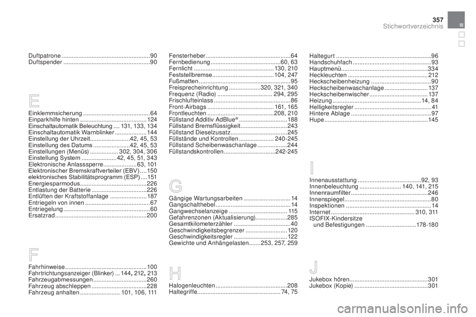 CITROEN DS3 2016 Betriebsanleitungen (in German) 357
DS3_de_Chap12_index-recherche_ed01-2015
Einklemmsicherung ........................................64
E inparkhilfe hinten ........................................ 12
4
Einschaltautomatik Beleuchtu CITROEN DS3 2016 Betriebsanleitungen (in German) 357
DS3_de_Chap12_index-recherche_ed01-2015
Einklemmsicherung ........................................64
E inparkhilfe hinten ........................................ 12
4
Einschaltautomatik Beleuchtu