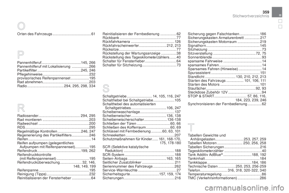 CITROEN DS3 2016 Betriebsanleitungen (in German) 359
DS3_de_Chap12_index-recherche_ed01-2015
Orten des Fahrzeugs ......................................61R einitialisieren der Fernbedienung ................62
R ückbank .............................. CITROEN DS3 2016 Betriebsanleitungen (in German) 359
DS3_de_Chap12_index-recherche_ed01-2015
Orten des Fahrzeugs ......................................61R einitialisieren der Fernbedienung ................62
R ückbank ..............................
