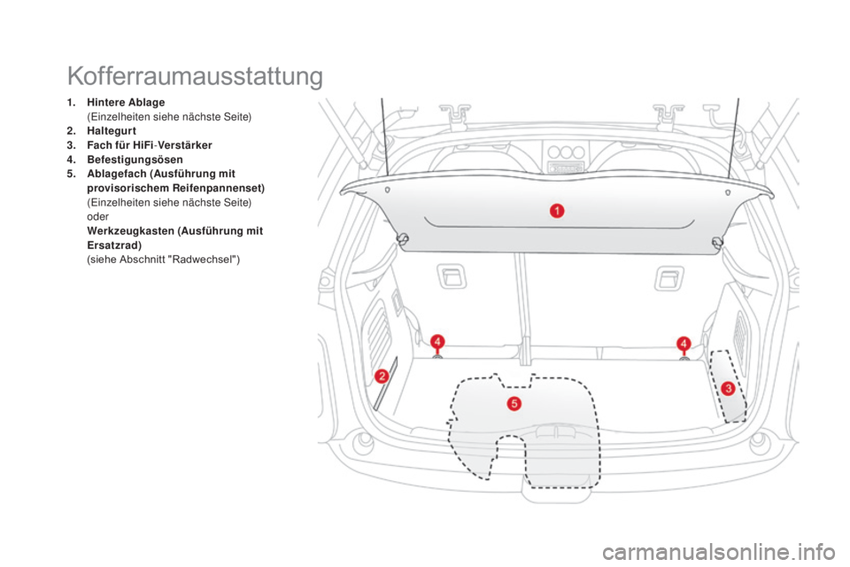 CITROEN DS3 2016  Betriebsanleitungen (in German) DS3_de_Chap03_confort_ed01-2015
1. Hintere ab lage  (
Einzelheiten siehe nächste Seite)
2.
 H
altegurt
3.
 Fa
ch für HiFi-Verstärker
4.
 B
efestigungsösen
5.
  ab
lagefach (
au
 sführung mit  CITROEN DS3 2016  Betriebsanleitungen (in German) DS3_de_Chap03_confort_ed01-2015
1. Hintere ab lage  (
Einzelheiten siehe nächste Seite)
2.
 H
altegurt
3.
 Fa
ch für HiFi-Verstärker
4.
 B
efestigungsösen
5.
  ab
lagefach (
au
 sführung mit