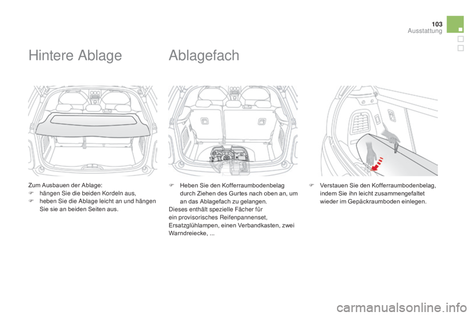 CITROEN DS3 2015 Betriebsanleitungen (in German) 103
DS3_de_Chap05_amenagement_ed01-2014
Zum Ausbauen der Ablage:
F h ängen Sie die beiden Kordeln aus,
F
h
eben Sie die Ablage leicht an und hängen
Sie sie an beiden Seiten aus.
Hintere Ablage
F CITROEN DS3 2015 Betriebsanleitungen (in German) 103
DS3_de_Chap05_amenagement_ed01-2014
Zum Ausbauen der Ablage:
F h ängen Sie die beiden Kordeln aus,
F
h
eben Sie die Ablage leicht an und hängen
Sie sie an beiden Seiten aus.
Hintere Ablage
F