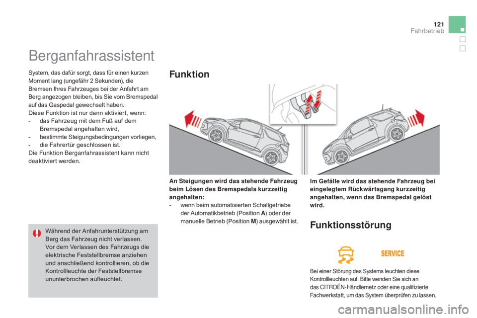 CITROEN DS3 2015 Betriebsanleitungen (in German) 121
DS3_de_Chap06_conduite_ed01-2014
Berganfahrassistent
System, das dafür sorgt, dass für einen kurzen
Moment lang (ungefähr 2 Sekunden), die
Bremsen Ihres Fahrzeuges bei der Anfahrt am
Berg an CITROEN DS3 2015 Betriebsanleitungen (in German) 121
DS3_de_Chap06_conduite_ed01-2014
Berganfahrassistent
System, das dafür sorgt, dass für einen kurzen
Moment lang (ungefähr 2 Sekunden), die
Bremsen Ihres Fahrzeuges bei der Anfahrt am
Berg an