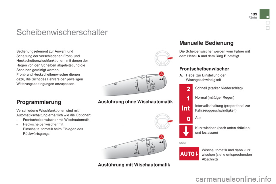 CITROEN DS3 2015 Betriebsanleitungen (in German) 139
DS3_de_Chap07_visibilite_ed01-2014
Bedienungselement zur Anwahl und
Schaltung der verschiedenen Front- und
Heckscheibenwischfunktionen, mit denen der
Regen von den Scheiben abgeleitet und die
CITROEN DS3 2015 Betriebsanleitungen (in German) 139
DS3_de_Chap07_visibilite_ed01-2014
Bedienungselement zur Anwahl und
Schaltung der verschiedenen Front- und
Heckscheibenwischfunktionen, mit denen der
Regen von den Scheiben abgeleitet und die