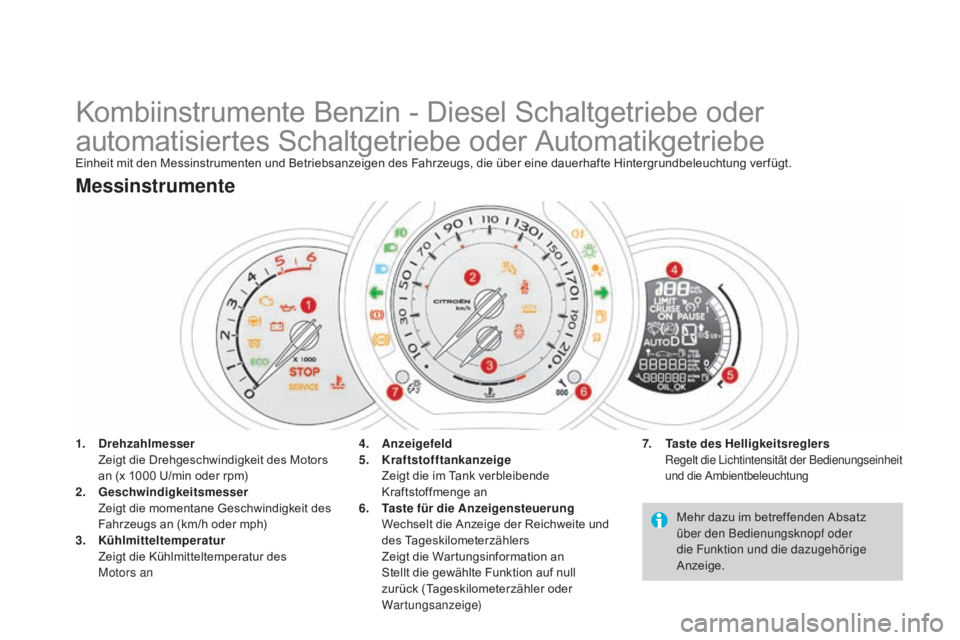 CITROEN DS3 2015 Betriebsanleitungen (in German) DS3_de_Chap01_controle-de-marche_ed01-2014
Kombiinstrumente Benzin - Diesel Schaltgetriebe oder
automatisiertes Schaltgetriebe oder Automatikgetriebe
Einheit mit den Messinstrumenten und Betriebsanze CITROEN DS3 2015 Betriebsanleitungen (in German) DS3_de_Chap01_controle-de-marche_ed01-2014
Kombiinstrumente Benzin - Diesel Schaltgetriebe oder
automatisiertes Schaltgetriebe oder Automatikgetriebe
Einheit mit den Messinstrumenten und Betriebsanze