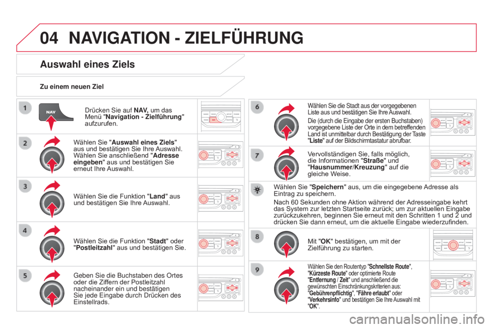 CITROEN DS3 2015  Betriebsanleitungen (in German) 04
DS3_de_Chap13b_RT6-2-8_ed01-2014
Drücken Sie auf NaV, um das 
Menü " Navigation - Zielführung " 
aufzurufen.
Zu einem neuen Ziel
auswahl eines Ziels
Wählen Sie "a
uswahl eines Ziels