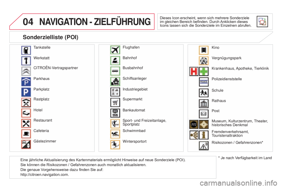CITROEN DS3 2015  Betriebsanleitungen (in German) 04
DS3_de_Chap13b_RT6-2-8_ed01-2014
NaVIGaTION  - Z IELFÜHRUNG
Dieses Icon erscheint, wenn sich mehrere Sonderziele 
im gleichen Bereich befinden. Durch Anklicken dieses 
Icons lassen sich die Sonder