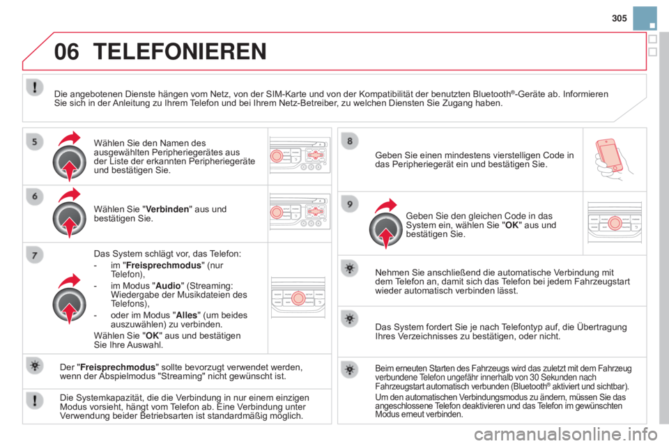 CITROEN DS3 2015 Betriebsanleitungen (in German) 06
305
DS3_de_Chap13b_RT6-2-8_ed01-2014
TELEFONIEREN
Wählen Sie "Verbinden" aus und
bestätigen Sie.
Das System schlägt vor, das Telefon:
-
im "
Freisprechmodus" (nur
Telefon),
CITROEN DS3 2015 Betriebsanleitungen (in German) 06
305
DS3_de_Chap13b_RT6-2-8_ed01-2014
TELEFONIEREN
Wählen Sie "Verbinden" aus und
bestätigen Sie.
Das System schlägt vor, das Telefon:
-
im "
Freisprechmodus" (nur
Telefon),