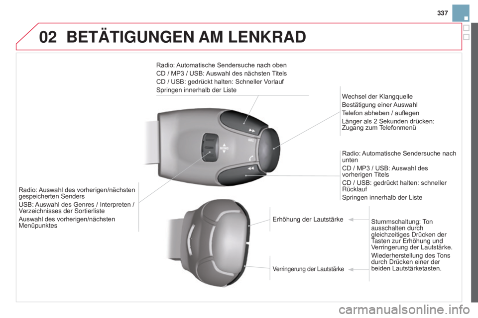 CITROEN DS3 2015 Betriebsanleitungen (in German) 02
337
DS3_de_Chap13c_RD45_ed01_2014
BETäTIGUNGEN am LENKRaD
Radio: Automatische Sendersuche nach oben
CD / MP3 / USB: Auswahl des nächsten Titels
CD / USB: gedrückt halten: Schneller Vorlauf
Sprin CITROEN DS3 2015 Betriebsanleitungen (in German) 02
337
DS3_de_Chap13c_RD45_ed01_2014
BETäTIGUNGEN am LENKRaD
Radio: Automatische Sendersuche nach oben
CD / MP3 / USB: Auswahl des nächsten Titels
CD / USB: gedrückt halten: Schneller Vorlauf
Sprin