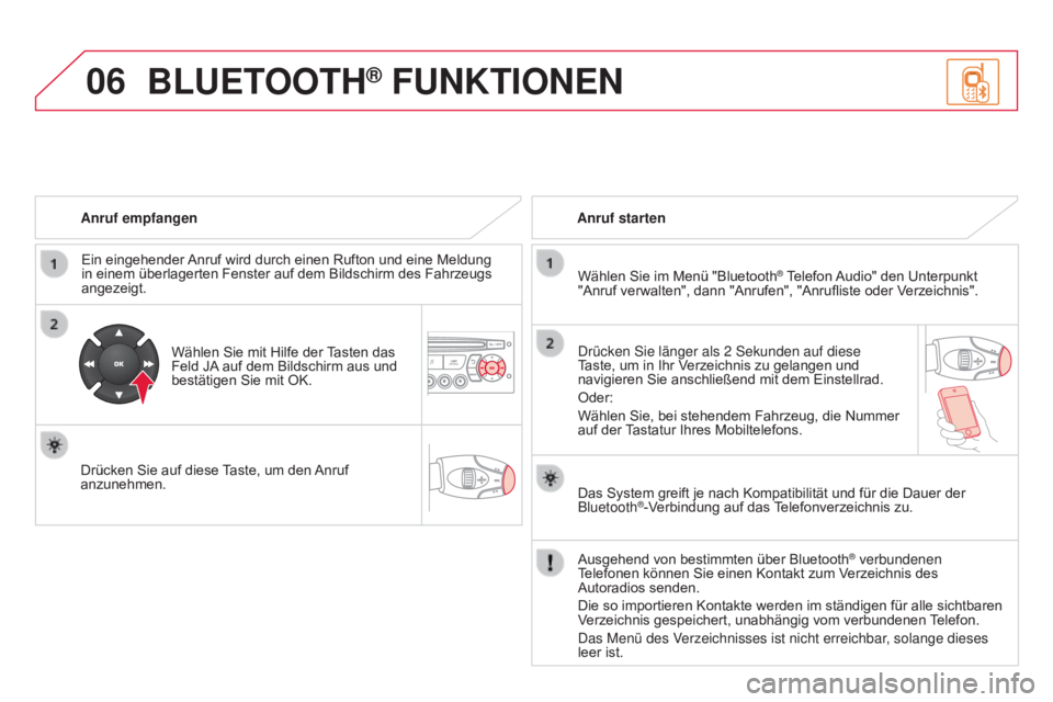 CITROEN DS3 2015  Betriebsanleitungen (in German) 06
DS3_de_Chap13c_RD45_ed01_2014
anruf empfangen
Ein eingehender  Anruf wird durch einen Rufton und eine Meldung 
in einem überlagerten Fenster auf dem Bildschirm des Fahrzeugs 
angezeigt.
Wählen Si
