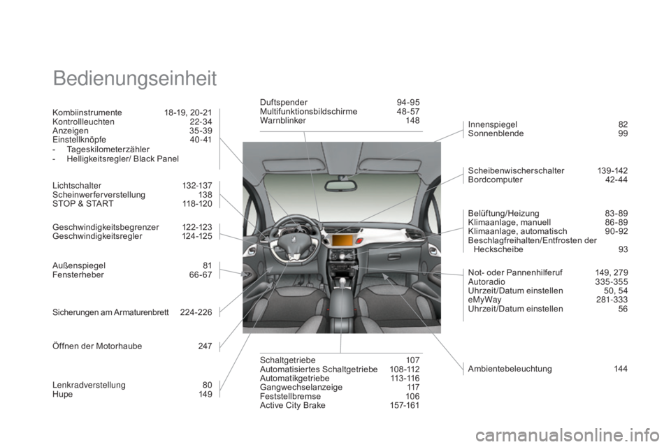 CITROEN DS3 2015  Betriebsanleitungen (in German) DS3_de_Chap14_index-recherche_ed01-2014
Bedienungseinheit
Kombiinstrumente 18 -19, 20 -21
Kontrollleuchten  22-34
Anzeigen
 3

5-39
Einstellknöpfe
 4

0- 41
-
 T

ageskilometerzähler
-
 
H
 elligkei