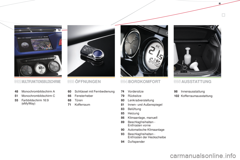 CITROEN DS3 2015  Betriebsanleitungen (in German) DS3_de_Chap00a_sommaire_ed01-2014
mULTIFUNKTIONSBILDSCHIRmEBORDKOmFORT
ÖFFNUNGEN
48 Monochrombildschirm A
51
 M

onochrombildschirm C
55
 F

arbbildschirm 16:9 
(eMy Way) 60 S
chlüssel mit Fernbedie