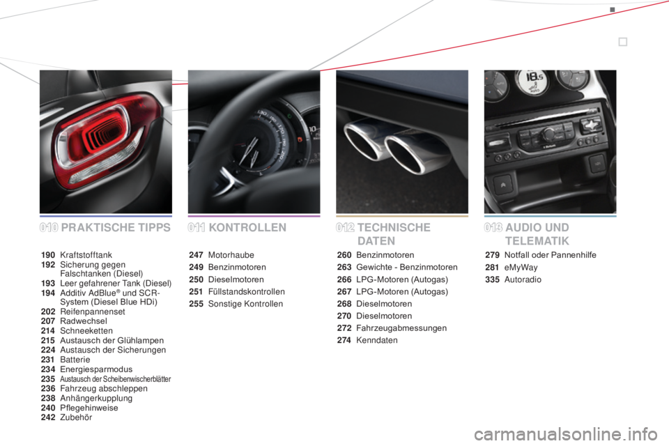 CITROEN DS3 2015  Betriebsanleitungen (in German) DS3_de_Chap00a_sommaire_ed01-2014
KONTROLLENp
RaK
TISCHE TIppS TECHNISCHE 
D
a
 T E NaU DIO  UND  
T E L E
m
 a T I K
190 Kraftstofftank
192 S icherung gegen 
Falschtanken (Diesel)
193
 L

eer gefahre