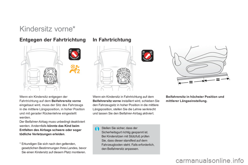 CITROEN DS3 2014 Betriebsanleitungen (in German)
Kindersitz vorne *
Entgegen der Fahrtrichtung
In Fahrtrichtung
Beifahrersitz inhöchsterPosition undmittlererLängseinstellung.
*
Erkundigen Sie sich nach den geltenden,ges CITROEN DS3 2014 Betriebsanleitungen (in German)
Kindersitz vorne *
Entgegen der Fahrtrichtung
In Fahrtrichtung
Beifahrersitz inhöchsterPosition undmittlererLängseinstellung.
*
Erkundigen Sie sich nach den geltenden,ges