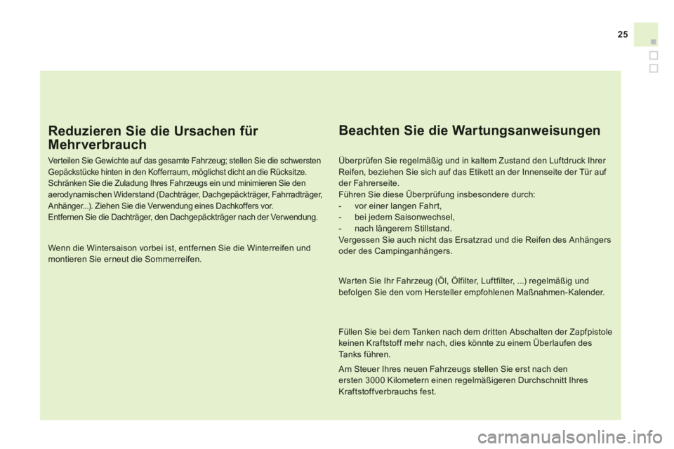 CITROEN DS3 2014  Betriebsanleitungen (in German) 25
   
Reduzieren Sie die Ursachen für 
Mehrverbrauch
 
 
Ver teilen Sie Gewichte auf das gesamte Fahrzeug; stellen Sie die schwerstenGepäckstücke hinten in den Kofferraum, möglichst dicht an die 