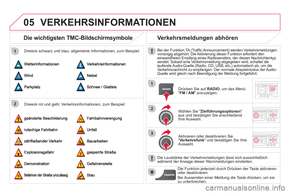 CITROEN DS3 2014 Betriebsanleitungen (in German) 05VERKEHRSINFORMATIONEN
Die wichtigsten TMC-Bildschirmsymbole
Dreieck rot und gelb: Verkehrsinformationen, zum Beispiel:
Dreieck schwarz und blau: all
gemeine Informationen, zum Beispiel:
CITROEN DS3 2014 Betriebsanleitungen (in German) 05VERKEHRSINFORMATIONEN
Die wichtigsten TMC-Bildschirmsymbole
Dreieck rot und gelb: Verkehrsinformationen, zum Beispiel:
Dreieck schwarz und blau: all
gemeine Informationen, zum Beispiel: