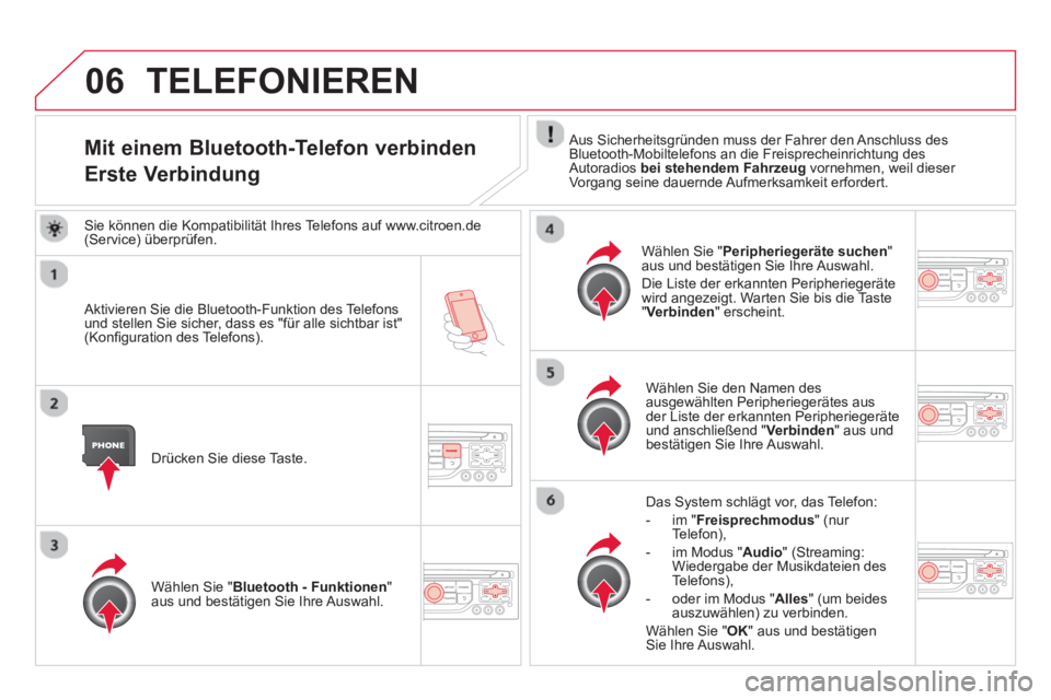CITROEN DS3 2014  Betriebsanleitungen (in German) 06
Mit einem Bluetooth-Telefon verbinden
Erste Verbindung 
   Aus Sicherheitsgründen muss der Fahrer den Anschluss des 
Bluetooth-Mobiltelefons an die Freisprecheinrichtung des Autoradios  bei stehen