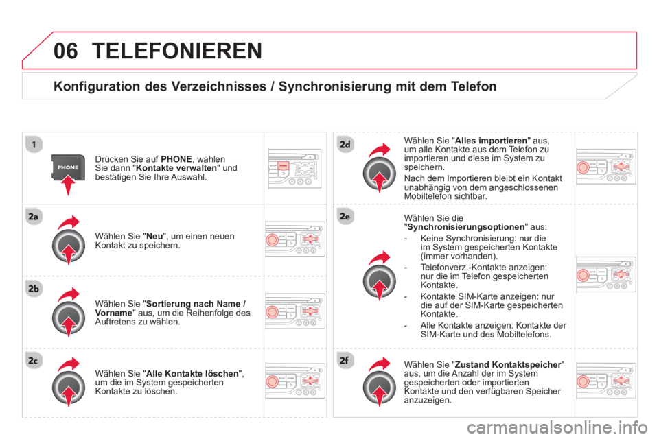 CITROEN DS3 2014 Betriebsanleitungen (in German) 06TELEFONIEREN
Konfiguration des Verzeichnisses / Synchronisierung mit dem Telefon
Drücken Sie auf PHONE, wählenSie dann " Kontakte verwalten" undbestätigen Sie Ihre Auswahl.
Wählen
CITROEN DS3 2014 Betriebsanleitungen (in German) 06TELEFONIEREN
Konfiguration des Verzeichnisses / Synchronisierung mit dem Telefon
Drücken Sie auf PHONE, wählenSie dann " Kontakte verwalten" undbestätigen Sie Ihre Auswahl.
Wählen