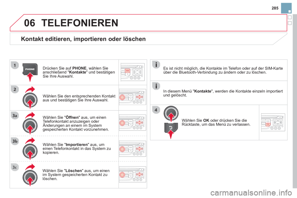 CITROEN DS3 2014  Betriebsanleitungen (in German) 285
06
   
Kontakt editieren, importieren oder löschen
Drücken Sie auf  PHONE, wählen Sieanschließend "Kontakte 
" und bestätigen Sie Ihre Auswahl.  
Wählen 
Sie den entsprechenden Kontakt aus u