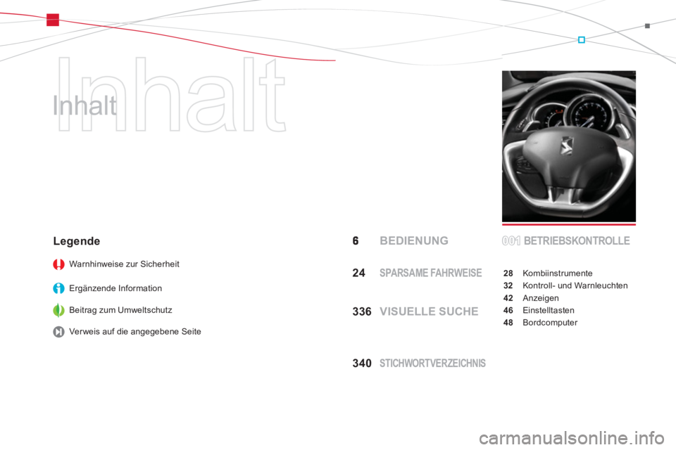 CITROEN DS3 2014  Betriebsanleitungen (in German)   Inhalt 
   
Inhalt  
 BEDIENUNGBETRIEBSKONTROLLE
28 Kombiinstrumente
32 Kontroll- und Warnleuchten
42 Anzeigen
46 Einstelltasten
48 Bordcomputer
Legende 
Warnhinweise zur Sicherheit
Er
gänzende Inf