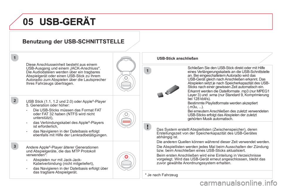 CITROEN DS3 2014 Betriebsanleitungen (in German) 05
Das System erstellt Abspiellisten (Zwischenspeicher), deren Erstellungszeit von der Speicherkapazität des USB-Gerätes
abhängig ist.
Die anderen
Quellen können während dieser Zeit verwen CITROEN DS3 2014 Betriebsanleitungen (in German) 05
Das System erstellt Abspiellisten (Zwischenspeicher), deren Erstellungszeit von der Speicherkapazität des USB-Gerätes
abhängig ist.
Die anderen
Quellen können während dieser Zeit verwen