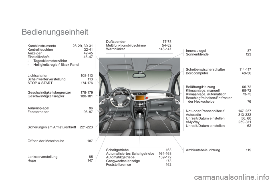CITROEN DS3 2014 Betriebsanleitungen (in German) Bedienungseinheit
Kombiinstrumente 28-29, 30-31
Kontrollleuchten 32- 41
Anzeigen 42- 45
Einstellknöpfe 46 - 47
-
Tageskilometerzähler
- Helligkeitsregler/ Black Panel
Li
cht CITROEN DS3 2014 Betriebsanleitungen (in German) Bedienungseinheit
Kombiinstrumente 28-29, 30-31
Kontrollleuchten 32- 41
Anzeigen 42- 45
Einstellknöpfe 46 - 47
-
Tageskilometerzähler
- Helligkeitsregler/ Black Panel
Li
cht